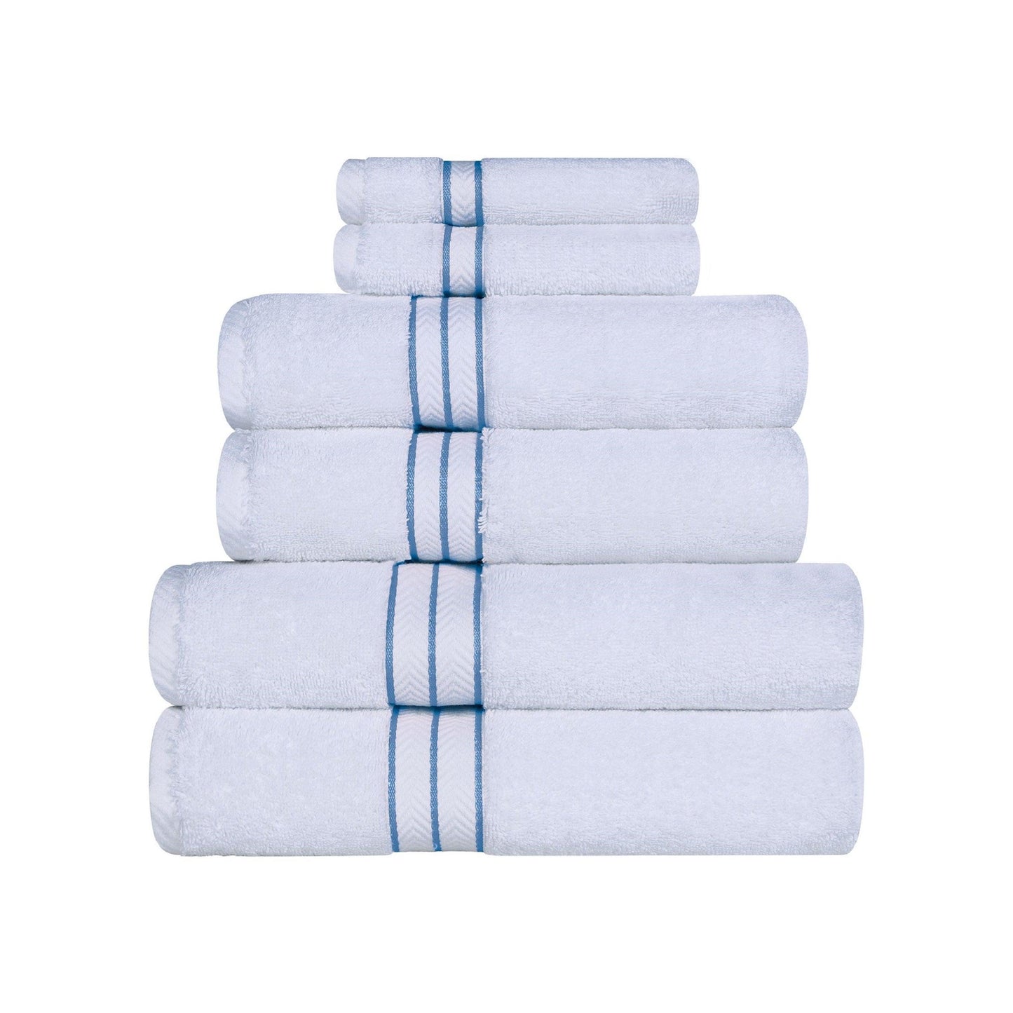 Turkish Cotton Heavyweight Ultra-Plush 6 Piece Bath Towel Set - White/light blue