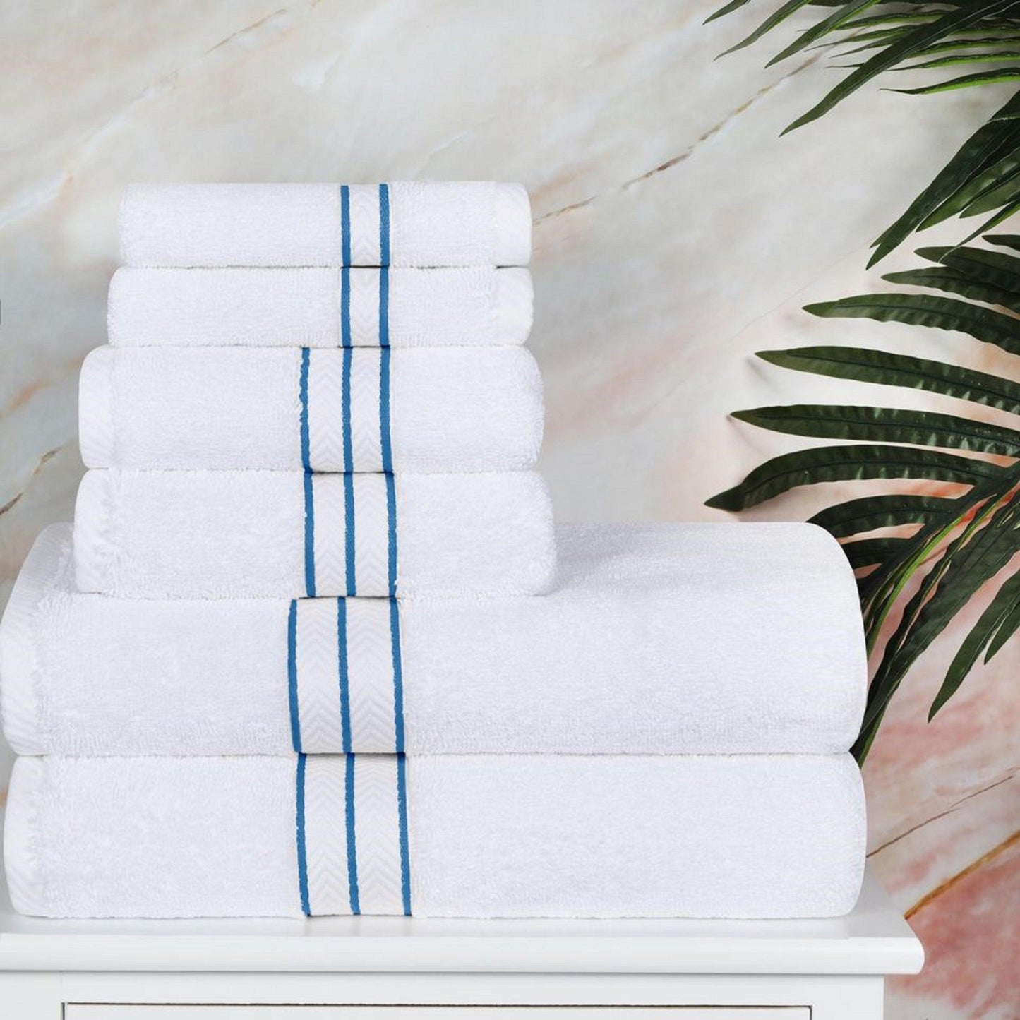 Turkish Cotton Heavyweight Ultra-Plush 6 Piece Bath Towel Set - White/Light Blue