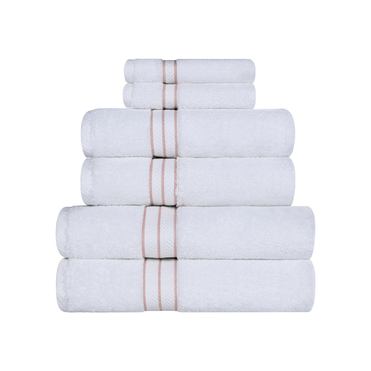 Turkish Cotton Heavyweight Ultra-Plush 6 Piece Bath Towel Set - White/Tea Rose