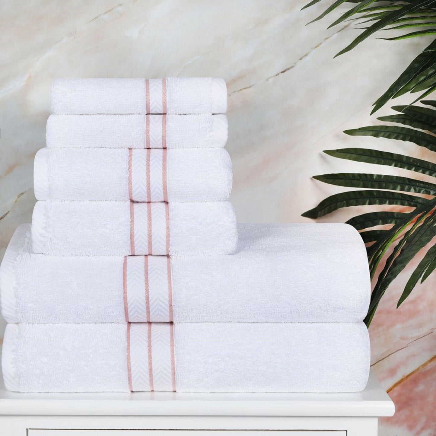 Turkish Cotton Heavyweight Ultra-Plush 6 Piece Bath Towel Set - White-Tea Rose