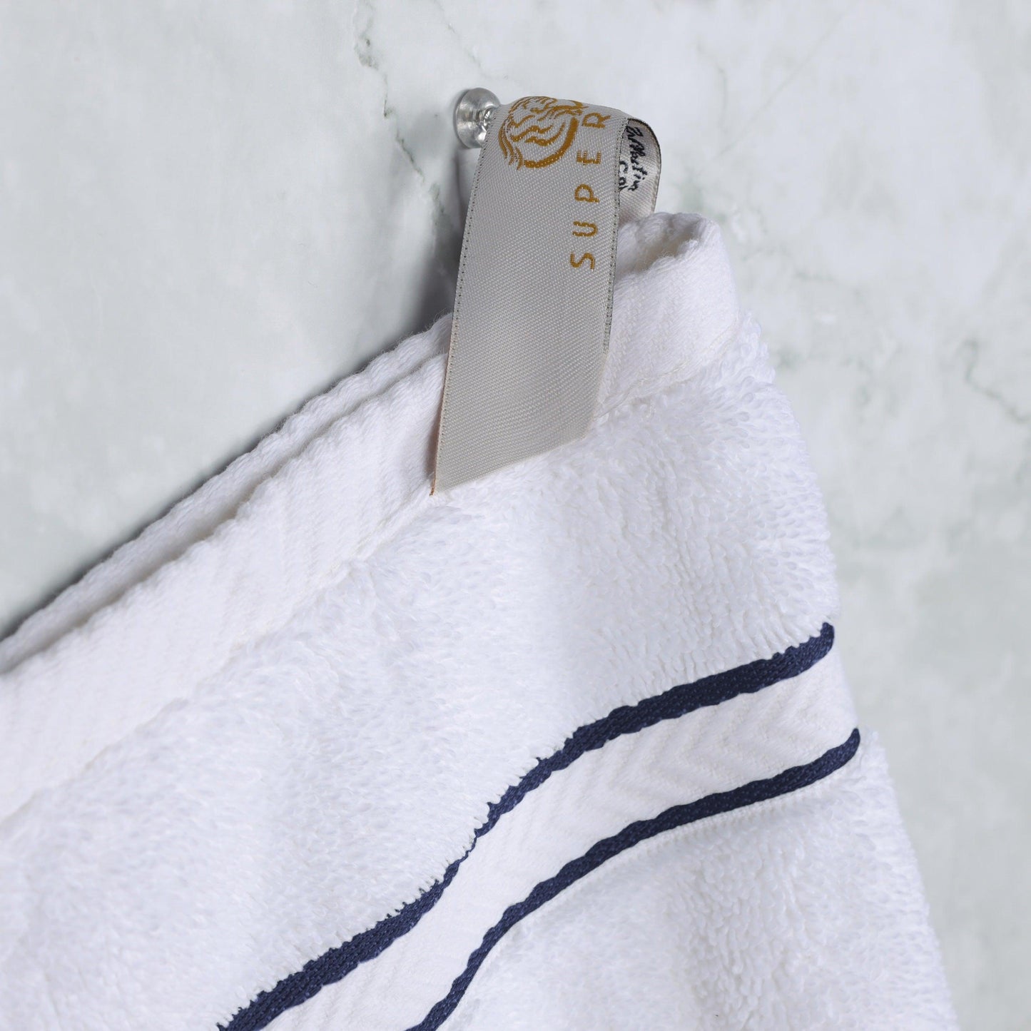 Turkish Cotton Heavyweight Ultra-Plush 6 Piece Bath Towel Set - White-Navy Blue