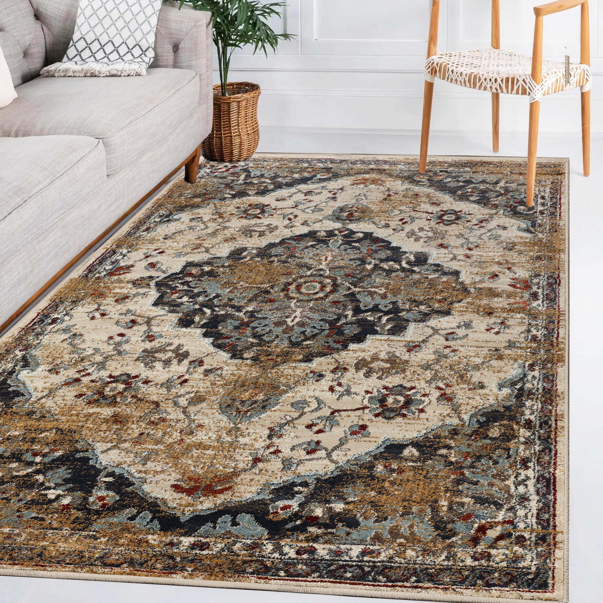 Superior Abena Traditional Medallion Indoor Area Rug or Runner - Blue-Cream