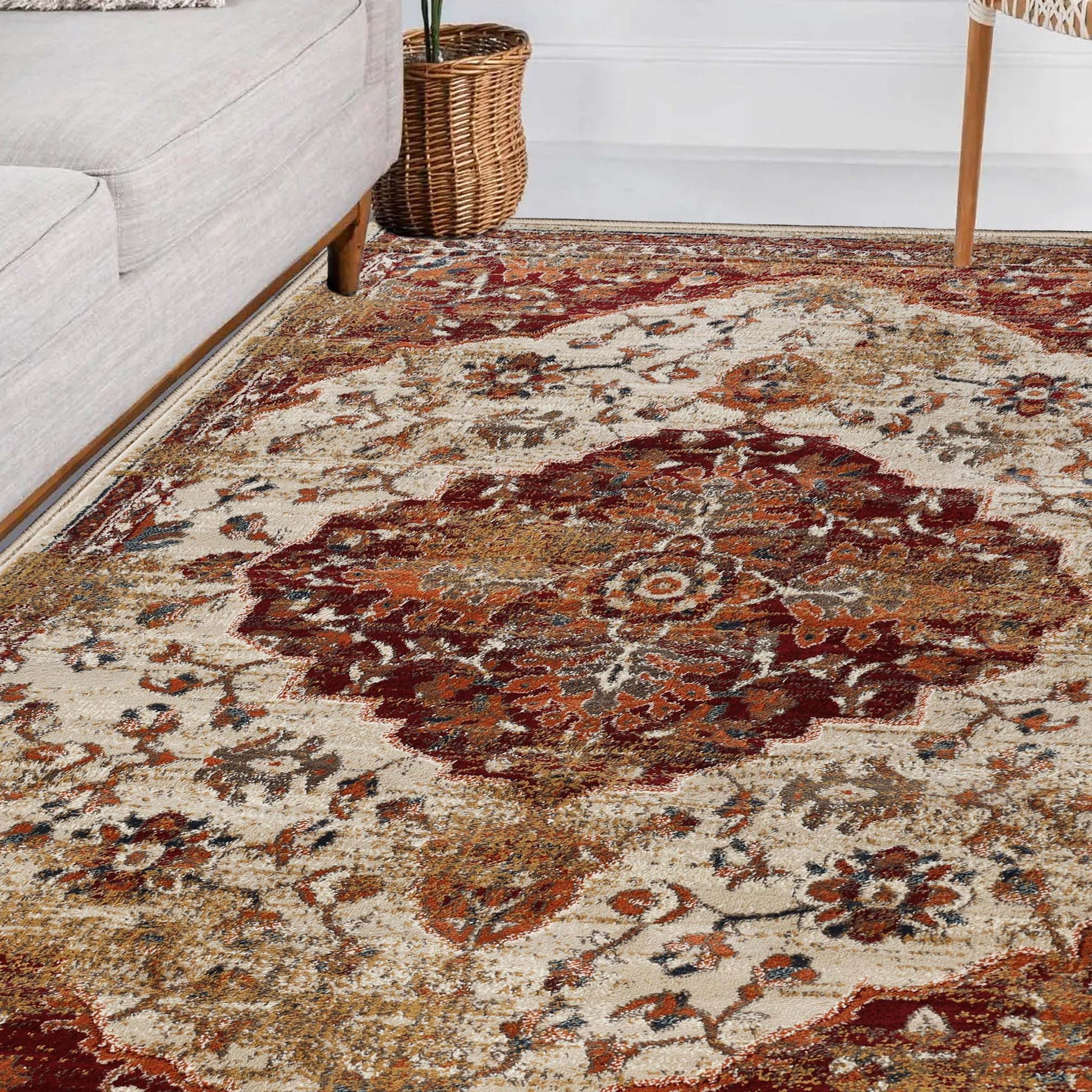 Superior Abena Traditional Medallion Indoor Area Rug or Runner - Rust-Cream