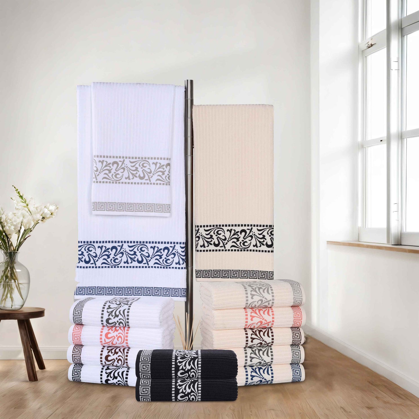 Athens Cotton Medium Weight Floral Greek Key Trim 6 Piece Towel Set