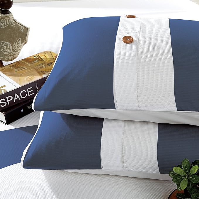 Cotton 3-Piece Nautical Stripe Duvet Cover Set - NavyBlue/White