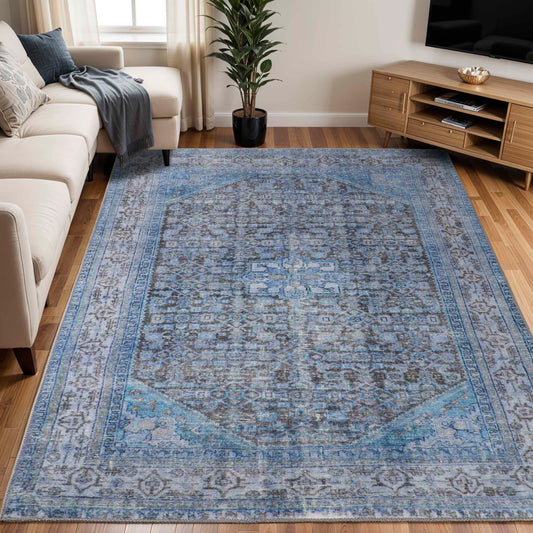Traditional Oriental Medallion Power-Loomed Indoor Area Rug - Azure
