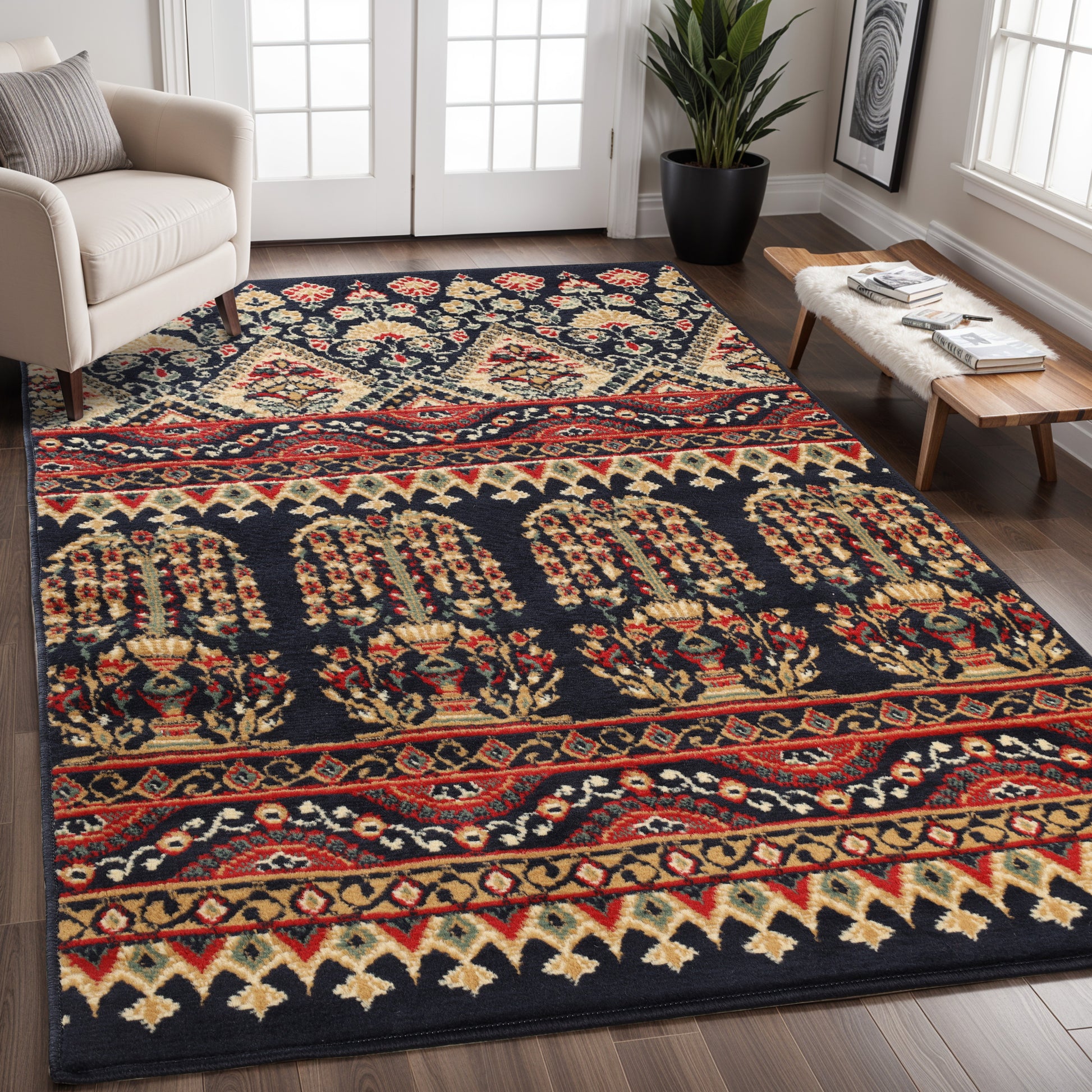 Adena Bohemian Floral Geometric Area Rug or Runner Rug - Black
