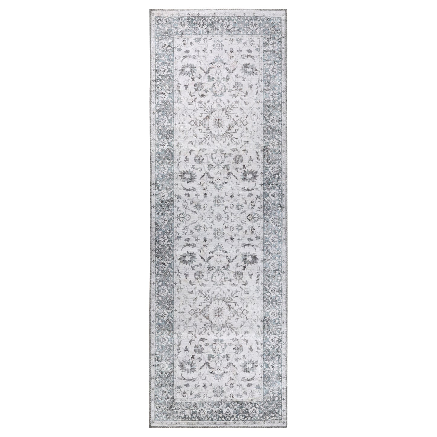 Agra Floral Scroll Border Washable Indoor Area Rug or Runner