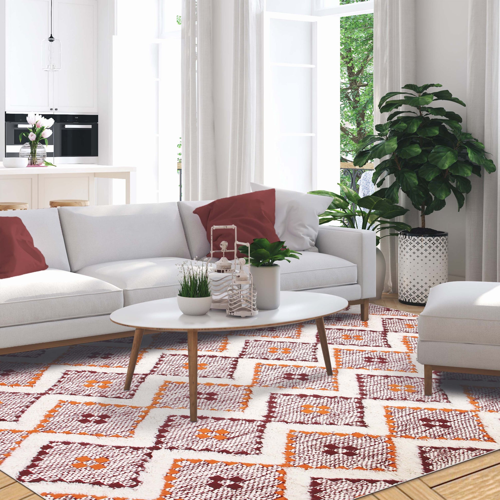 Geometric Wool Cotton Blend Latex Backing Indoor Area Rug - Apricot/BrickRed