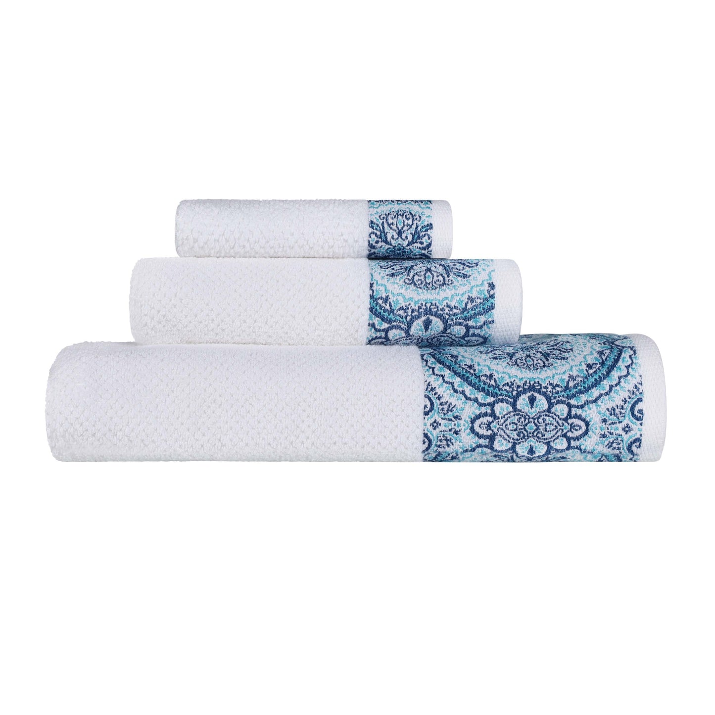 Medallion Cotton Jacquard Textured Soft Absorbent 3 Piece Towel Set - Aqua