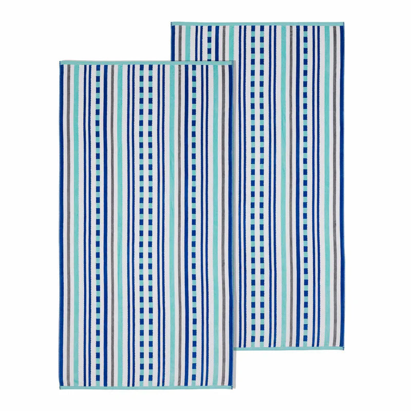 Stripe Cotton Oversized Medium Weight 2 Piece Beach Towel Set - AquaSky