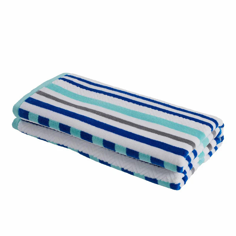 Stripe Cotton Oversized Medium Weight 2 Piece Beach Towel Set - AquaSky