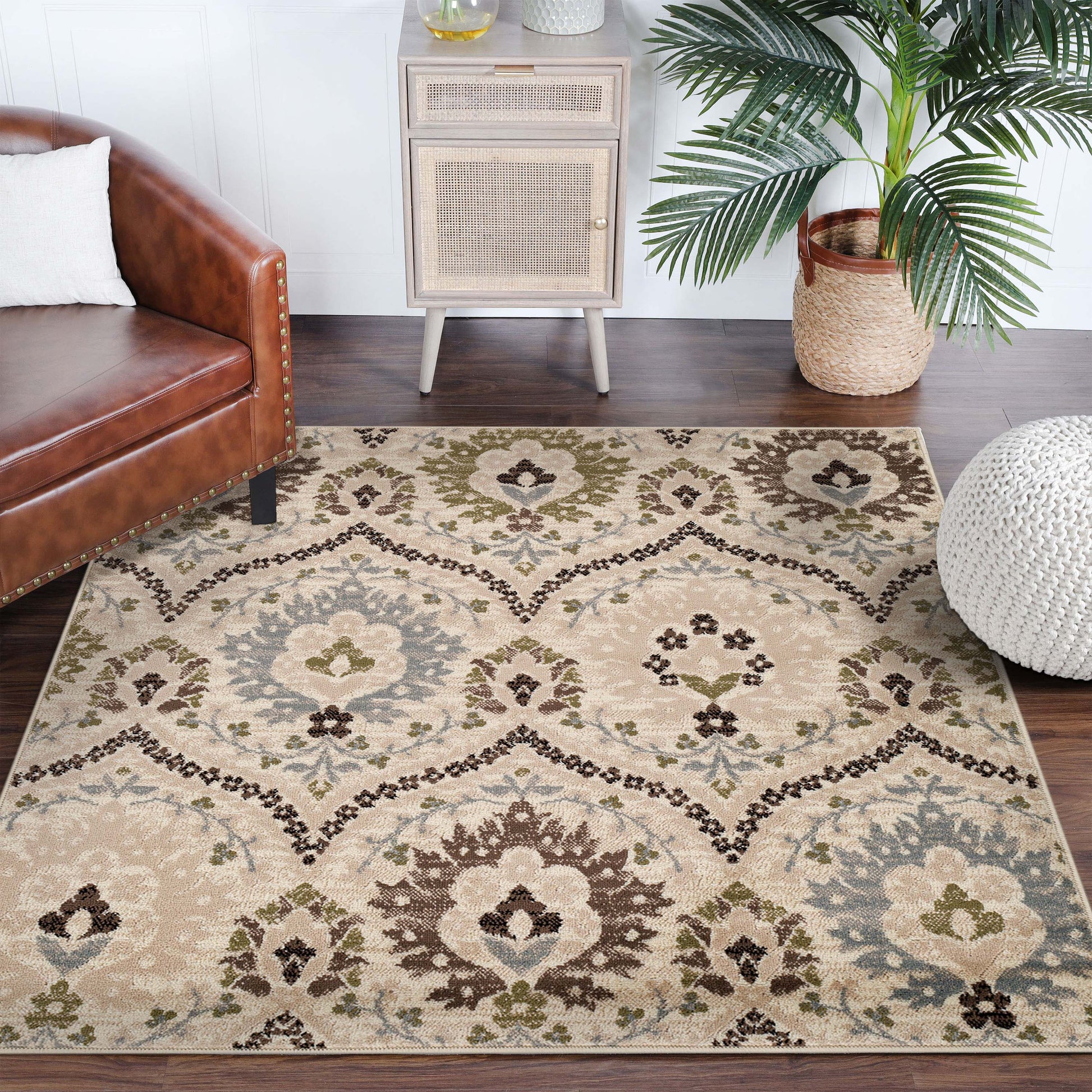 Augusta Oriental Vintage Floral Damask Indoor Area Rug or Runner Rug - Ivory