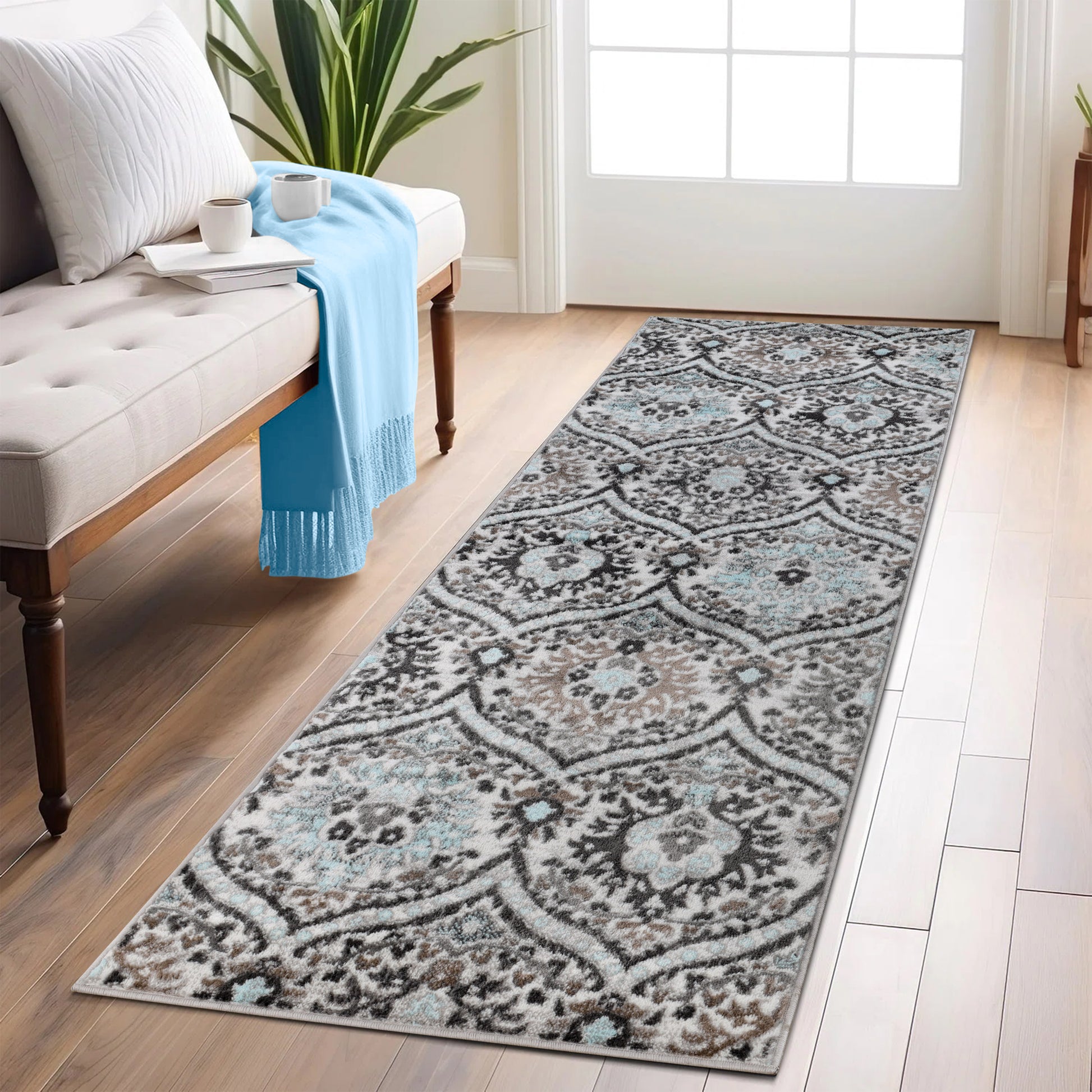 Augusta Oriental Vintage Floral Damask Indoor Area Rug or Runner Rug - Turquoise
