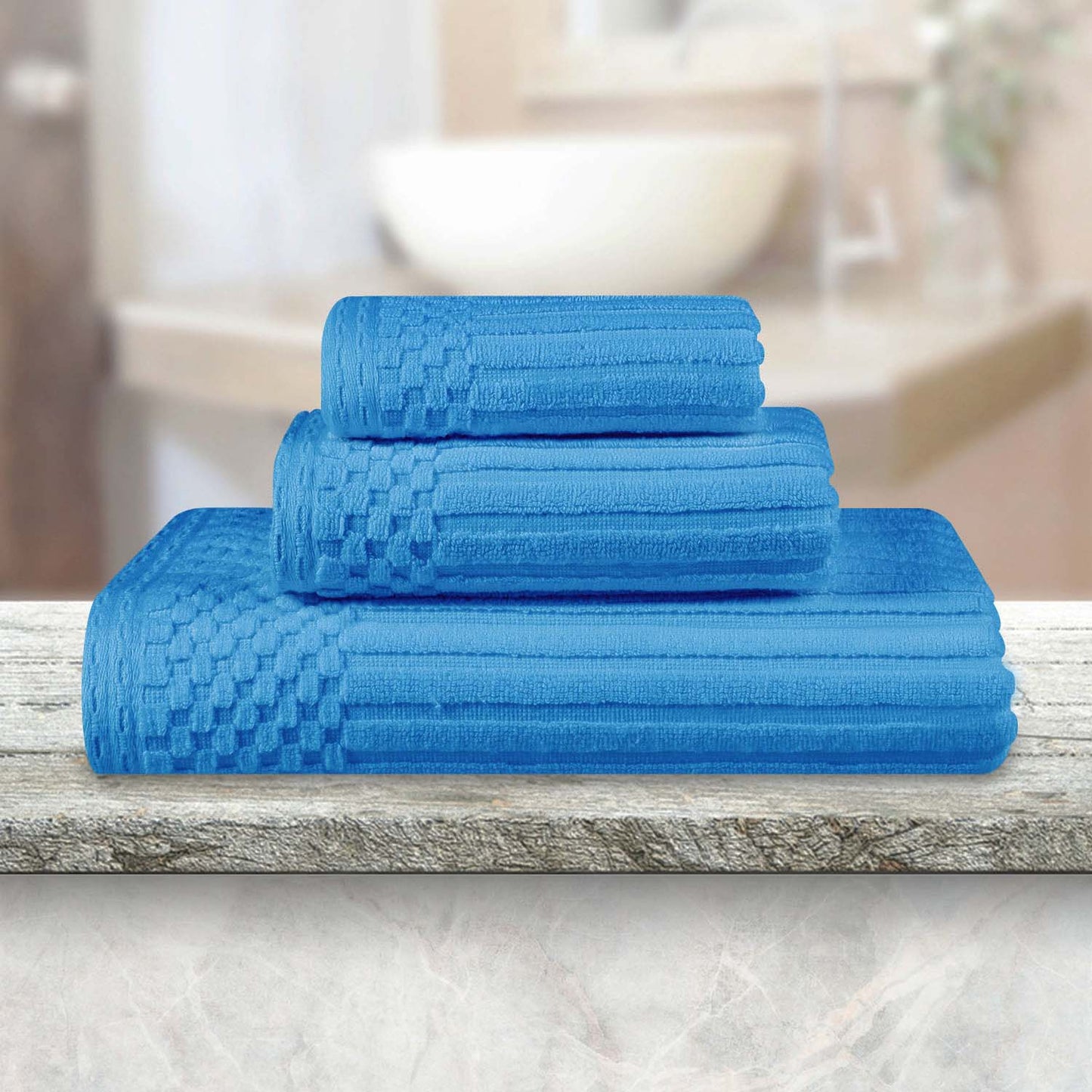Soho Ribbed Cotton Absorbent 3 Piece Assorted Towel Set - Azure