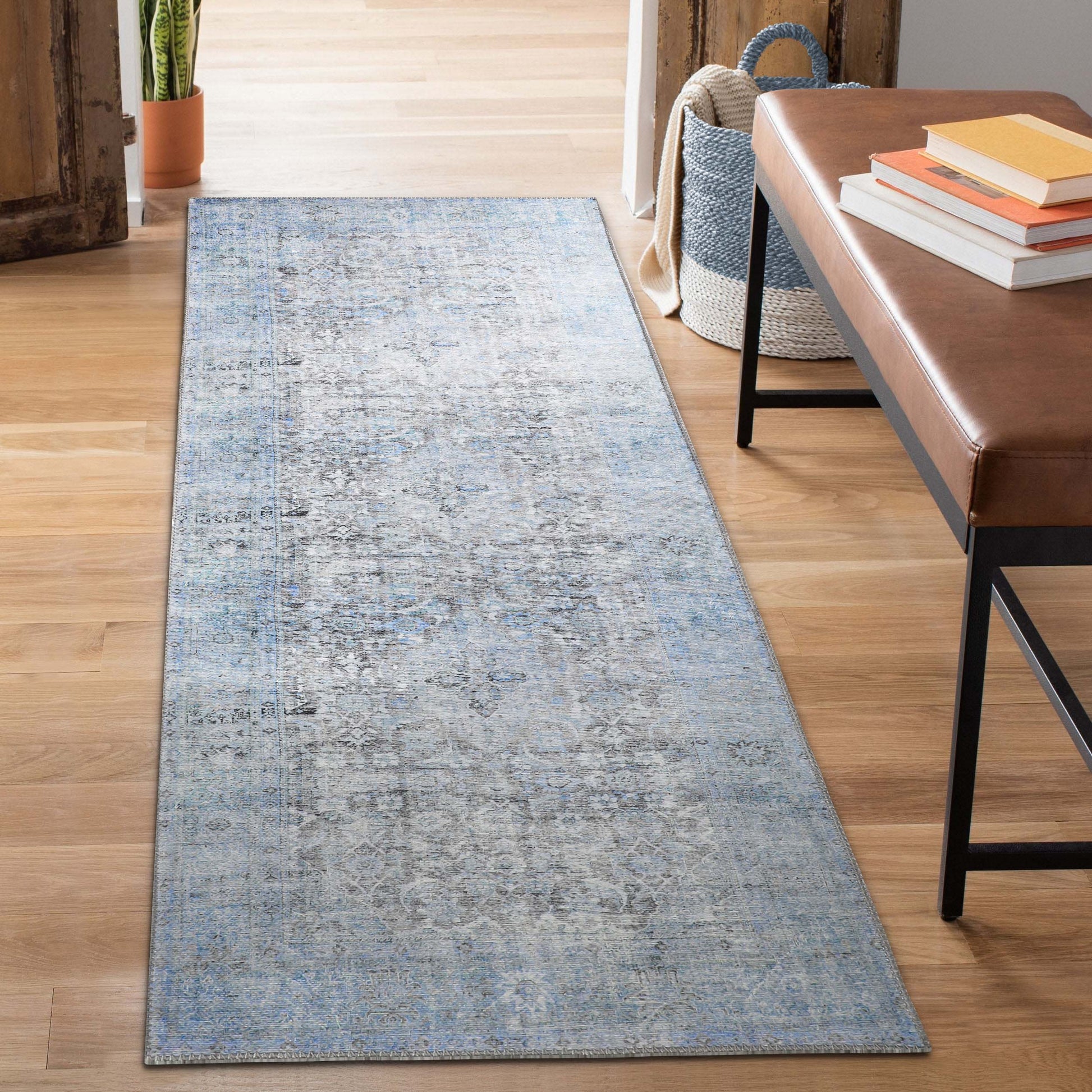 Huda Distressed Rustic Floral Geometric Medallion Indoor Area Rug - Azure