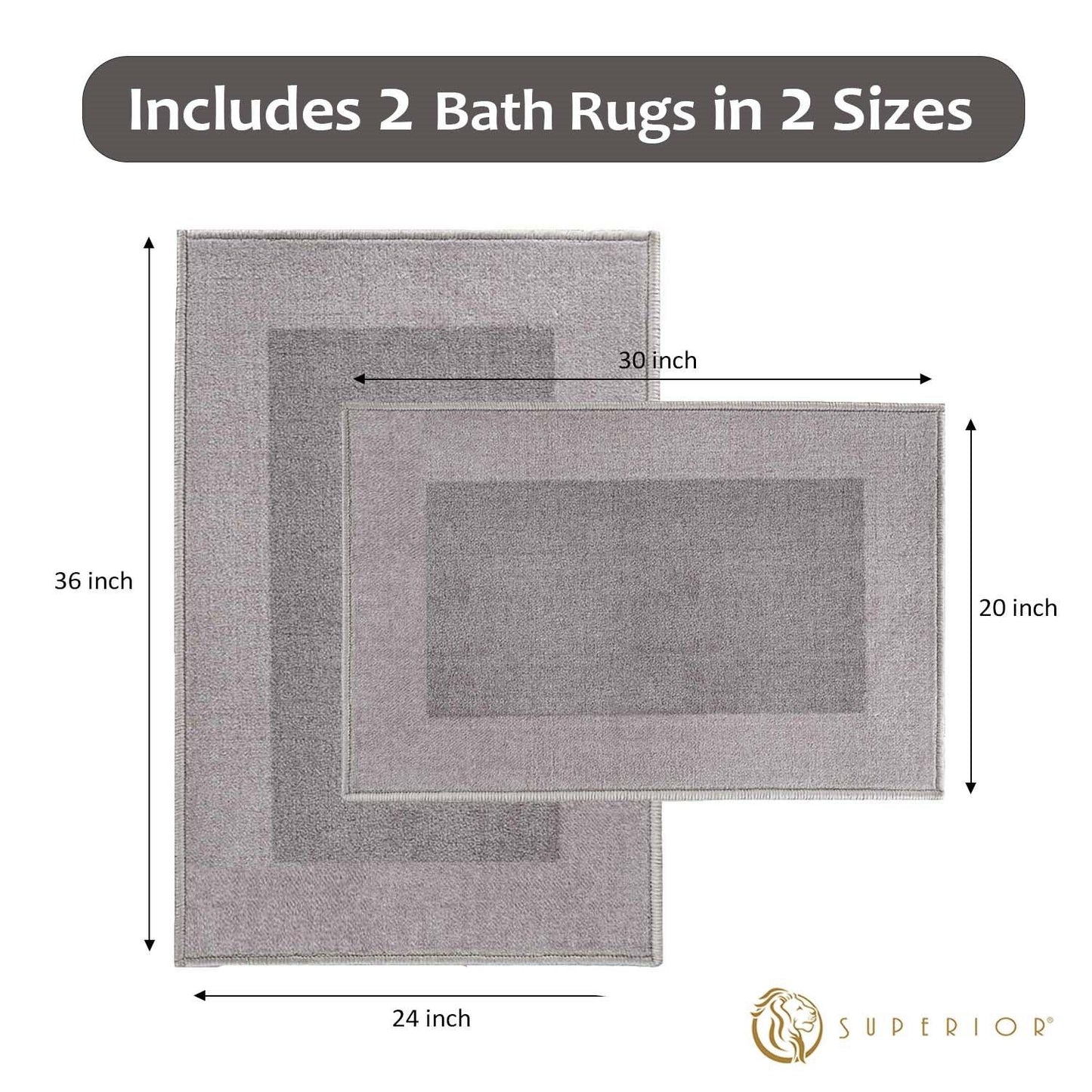 Superior Rome Non-Slip Machine Washable Bath Mat Set - Grey
