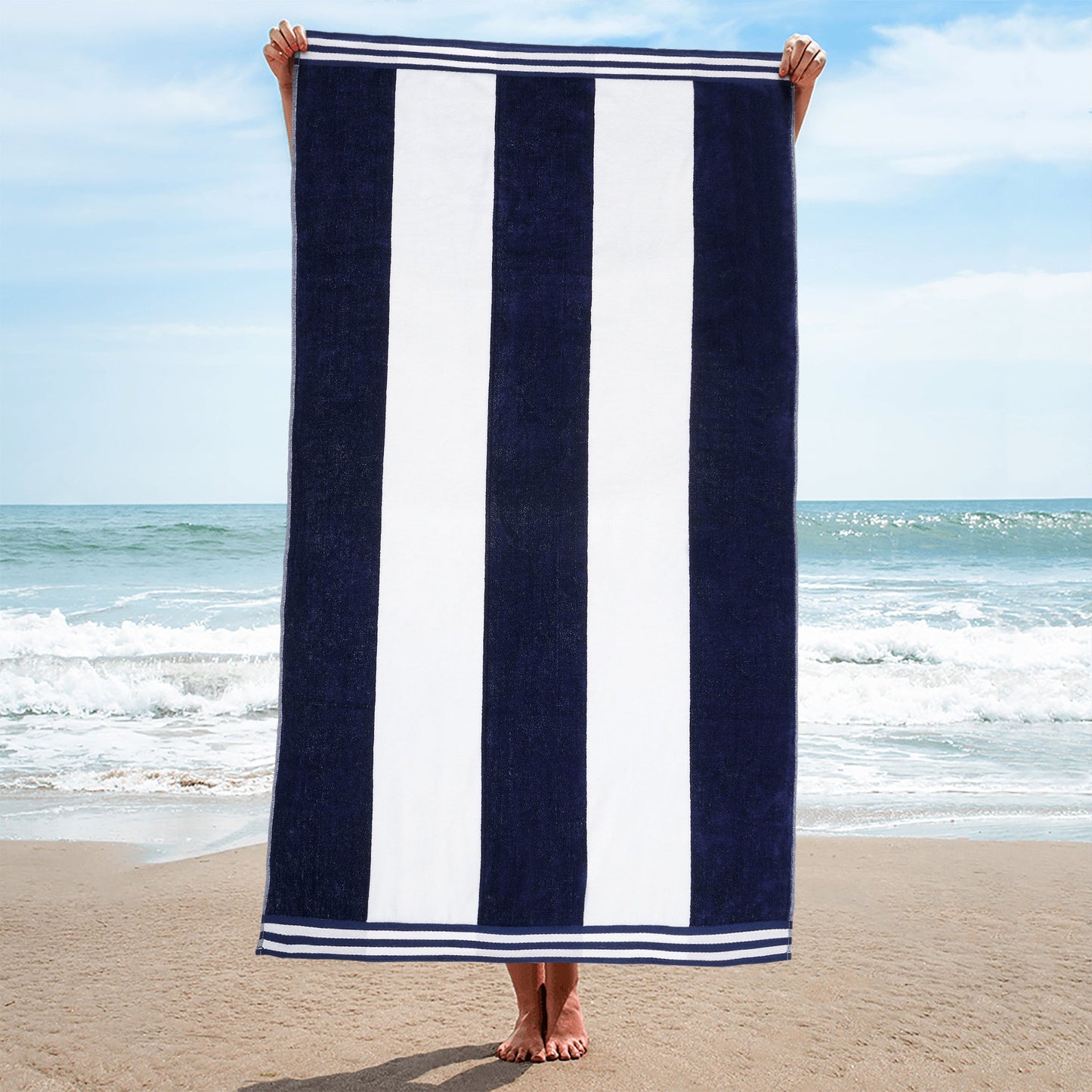 Superior Cabana Stripe Oversized Cotton Beach Towel Set Of 2,4,6 - Blue