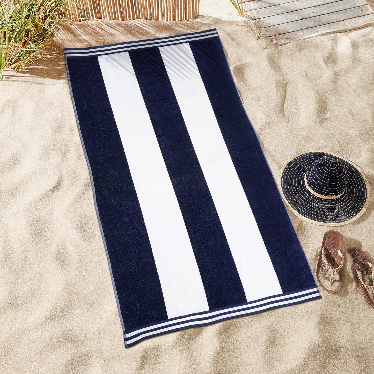 Superior Cabana Stripe Oversized Cotton Beach Towel Set Of 2,4,6 - Blue