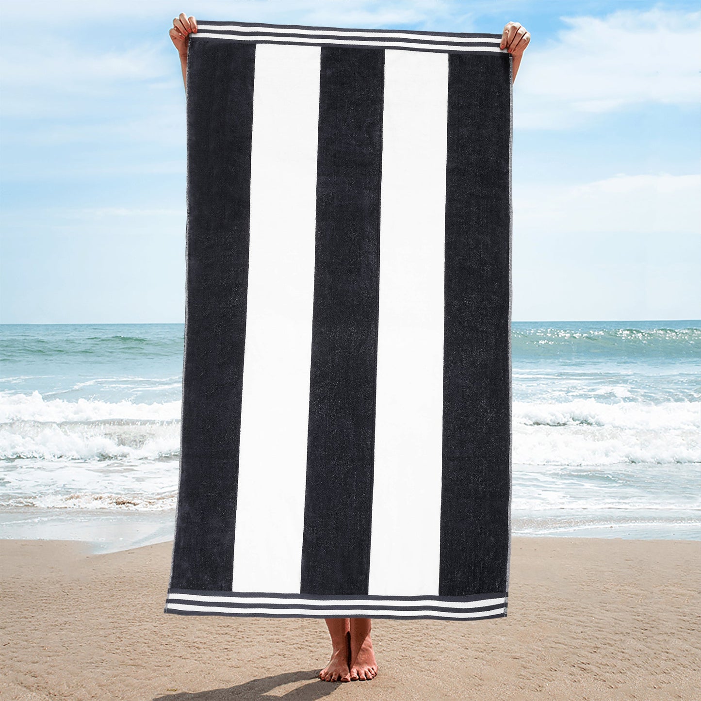 Superior Cabana Stripe Oversized Cotton Beach Towel Set Of 2,4,6 - Charcoal
