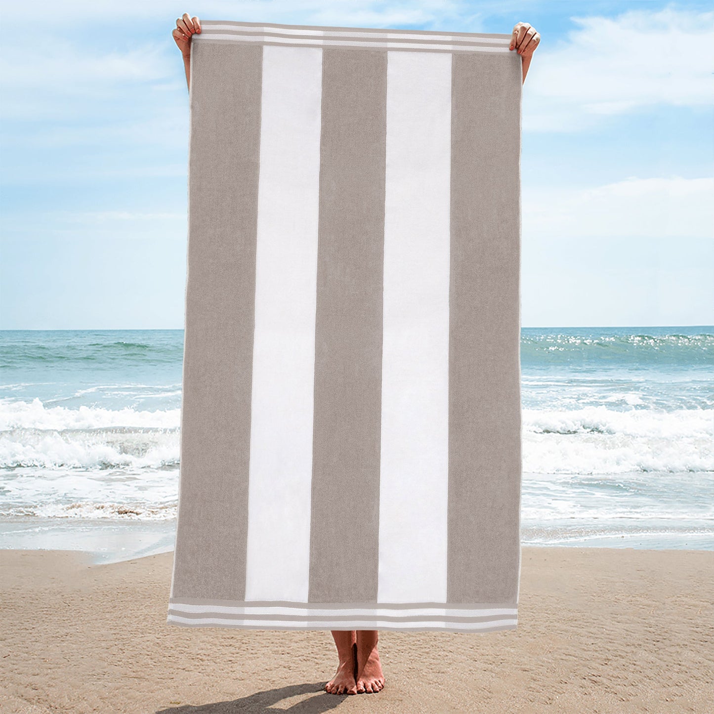 Superior Cabana Stripe Oversized Cotton Beach Towel Set Of 2,4,6 - Light Grey