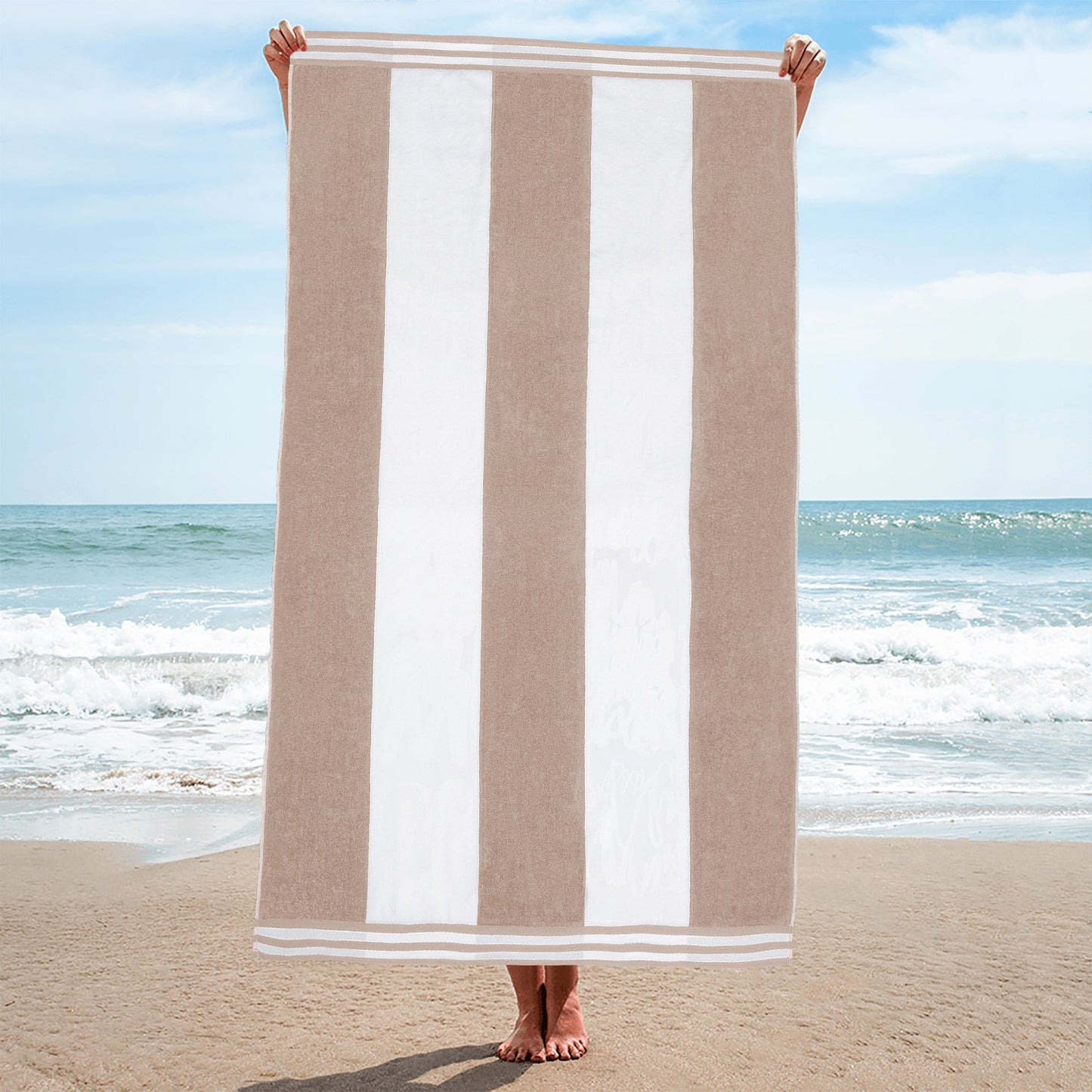Superior Cabana Stripe Oversized Cotton Beach Towel Set Of 2,4,6 - Taupe