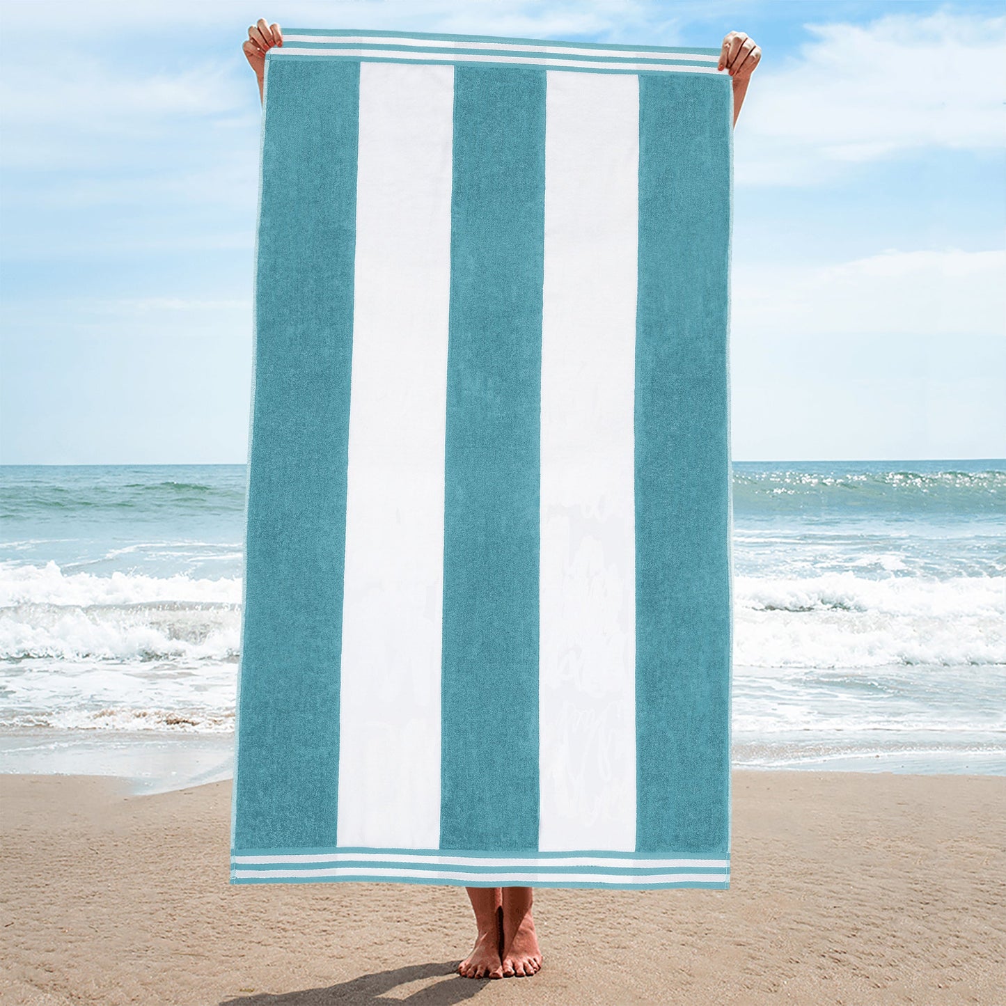 Superior Cabana Stripe Oversized Cotton Beach Towel Set Of 2,4,6 - Turquoise