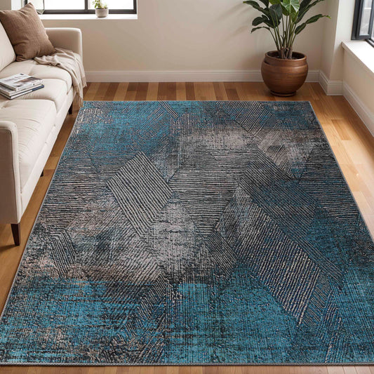 Modern Geometric Power-Loomed Indoor Area Rug - CeruleanBlue