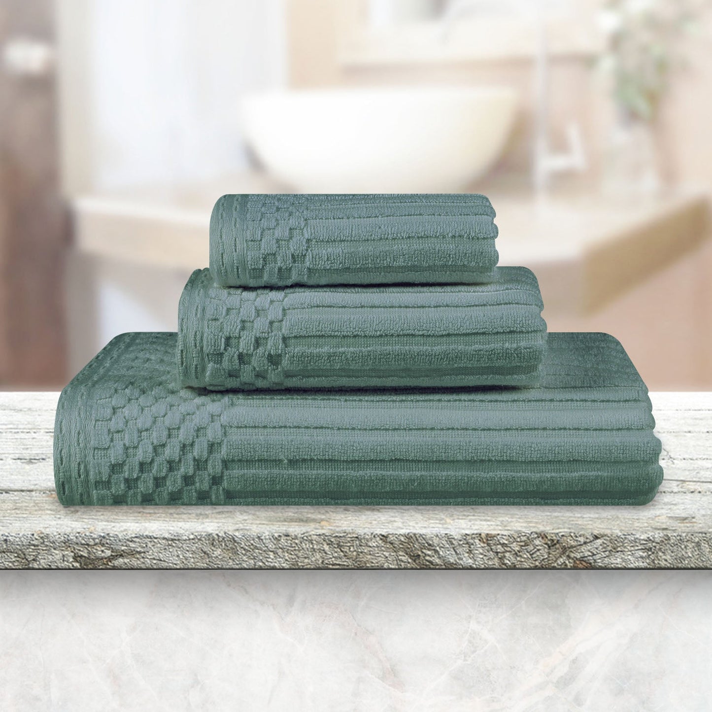 Soho Ribbed Cotton Absorbent 3 Piece Assorted Towel Set - Basil