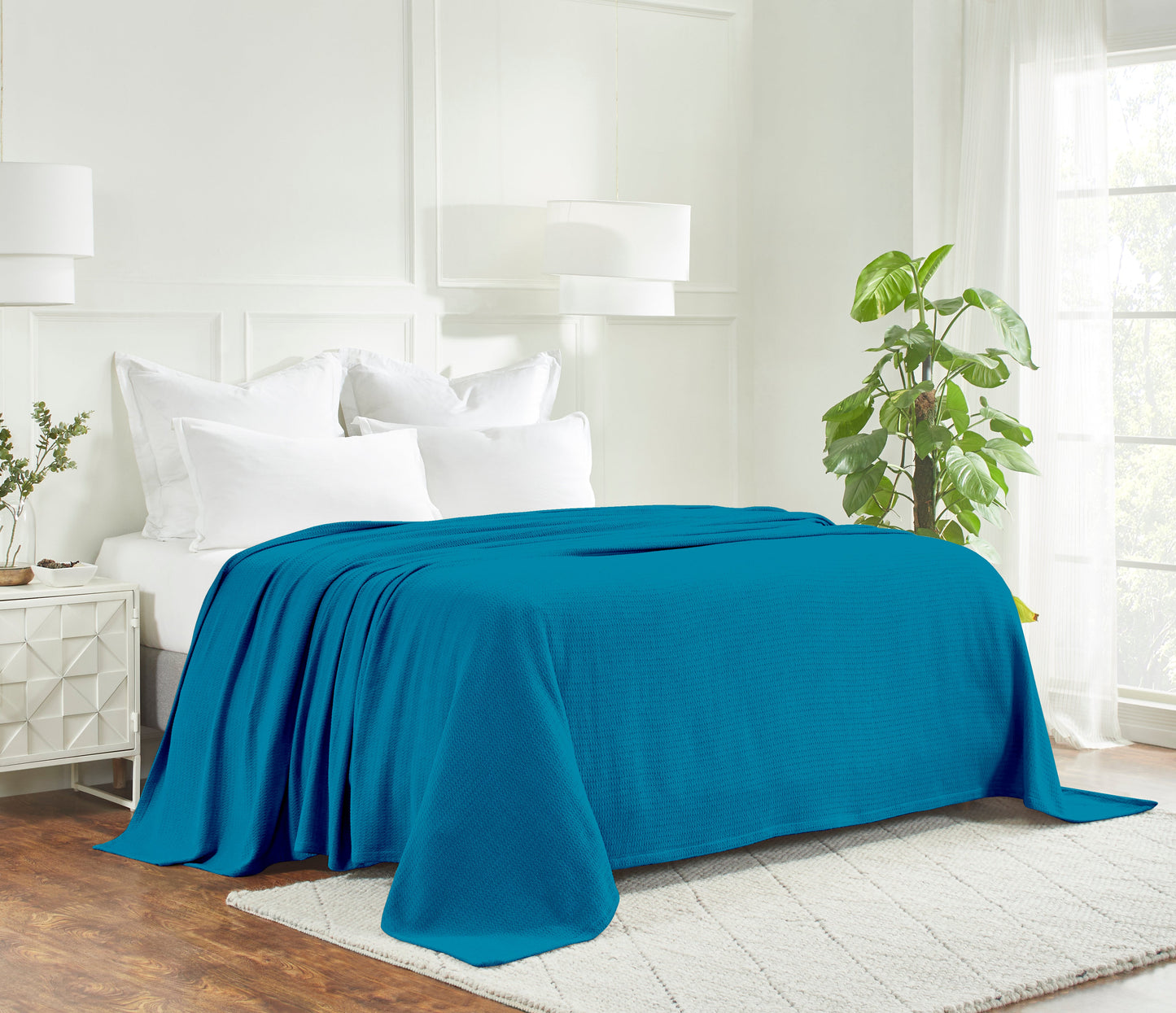 Waffle Weave Honeycomb Knit Soft Solid Textured Cotton Blanket - Azure