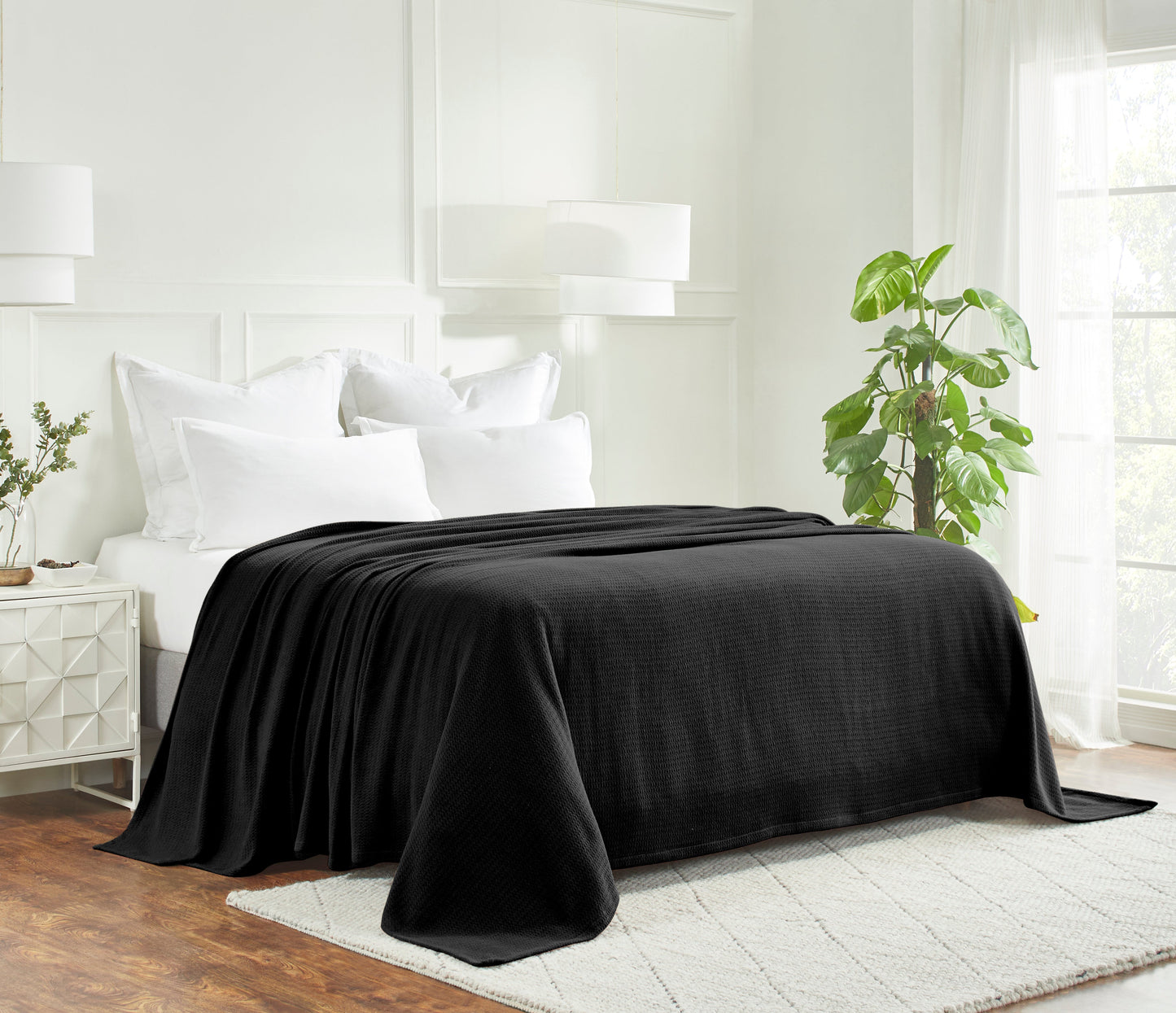 Waffle Weave Honeycomb Knit Soft Solid Textured Cotton Blanket - Black