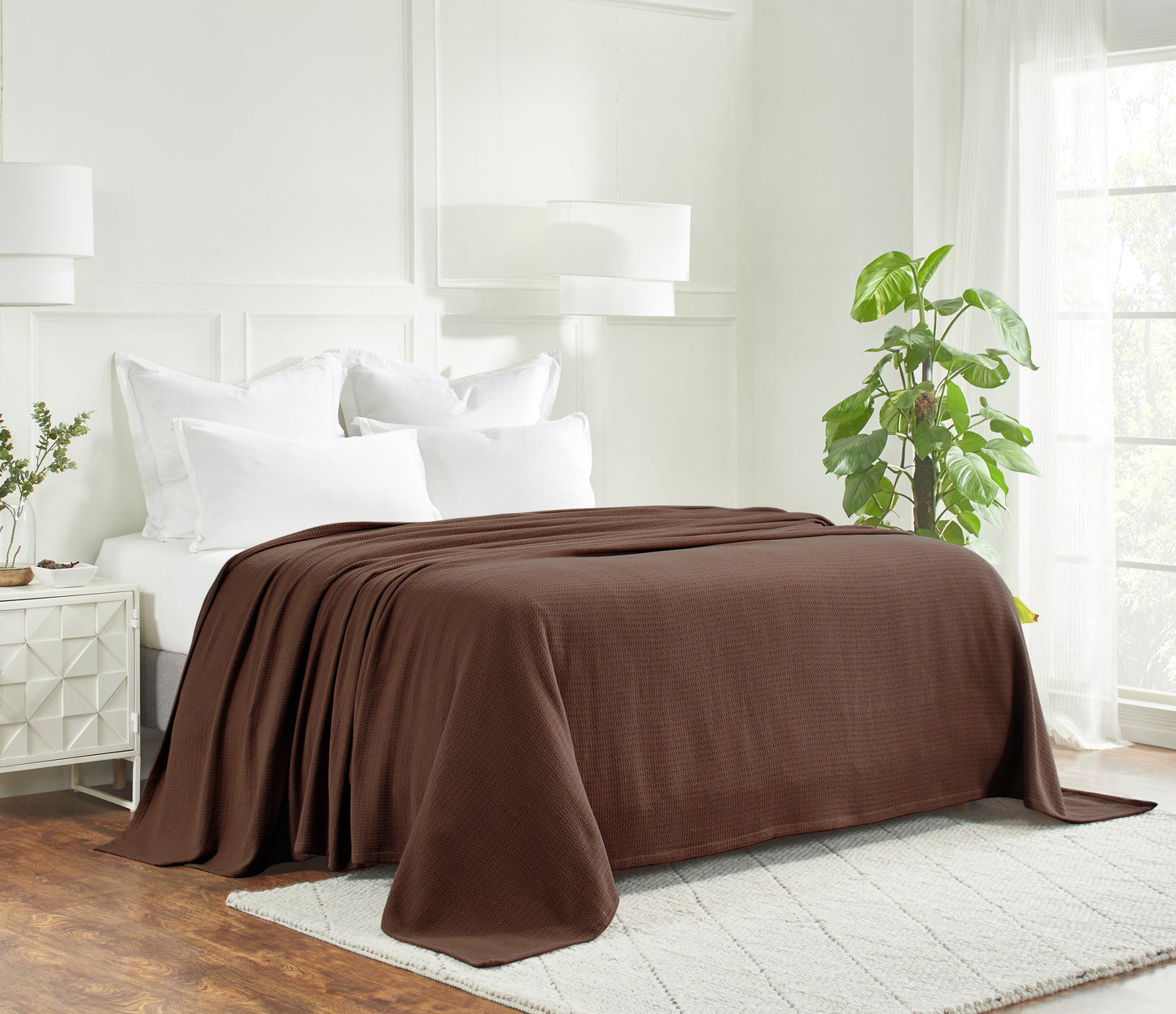 Waffle Weave Honeycomb Knit Soft Solid Textured Cotton Blanket - Chocolate