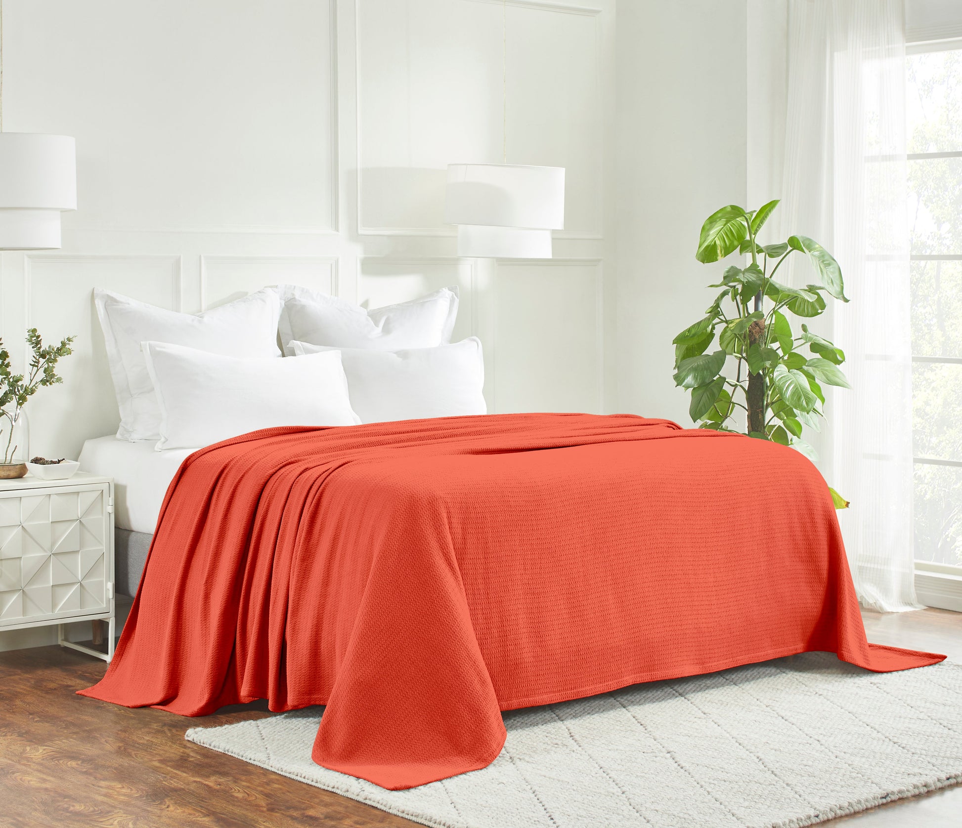 Waffle Weave Honeycomb Knit Soft Solid Textured Cotton Blanket - Coral