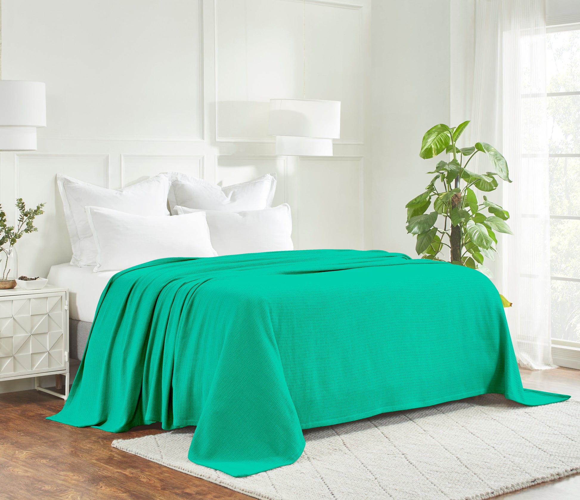 Waffle Weave Honeycomb Knit Soft Solid Textured Cotton Blanket - Gumdrop Green