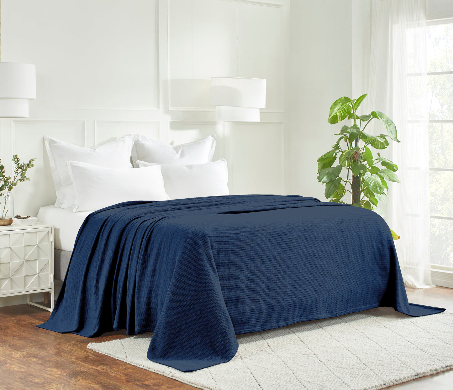 Waffle Weave Honeycomb Knit Soft Solid Textured Cotton Blanket - Navy Blue