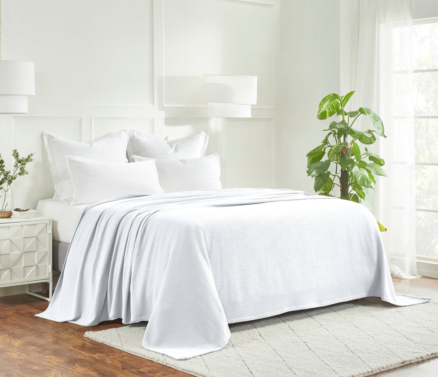 Waffle Weave Honeycomb Knit Soft Solid Textured Cotton Blanket - White