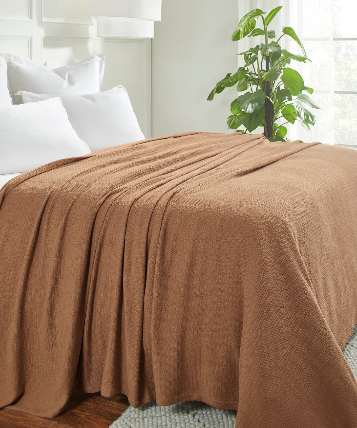 Waffle Weave Honeycomb Knit Soft Solid Textured Cotton Blanket - Camel
