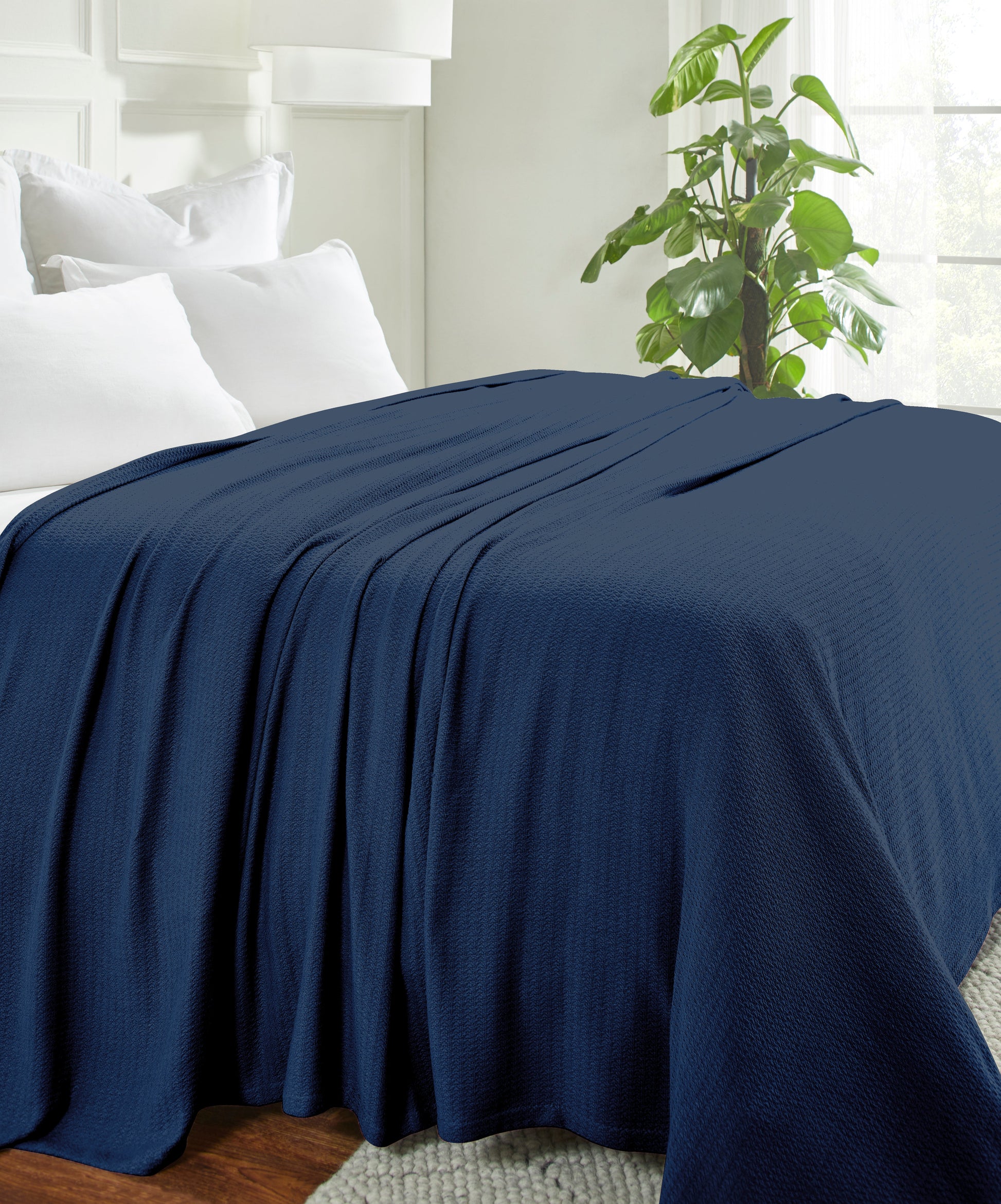 Waffle Weave Honeycomb Knit Soft Solid Textured Cotton Blanket - Navy Blue