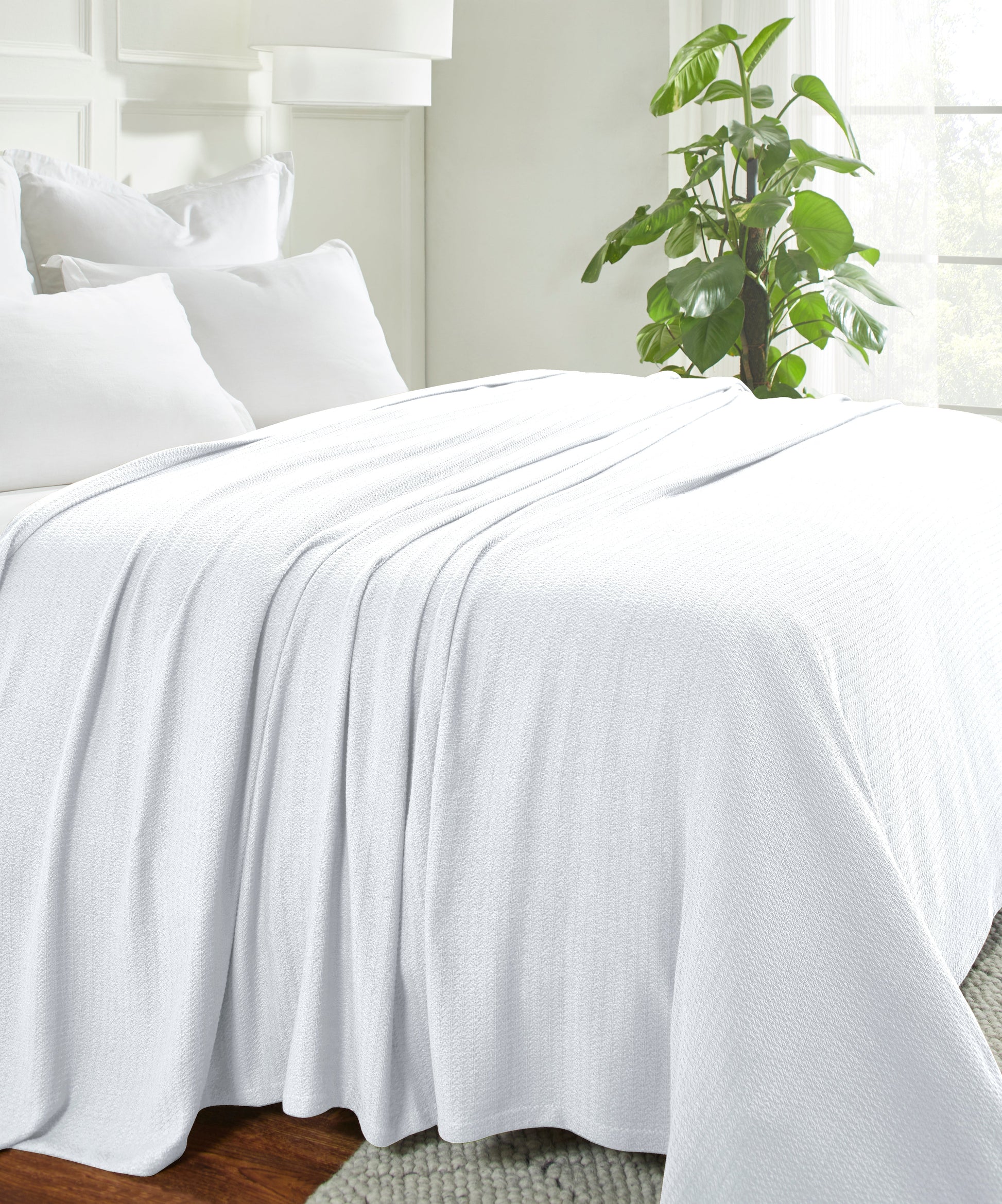 Waffle Weave Honeycomb Knit Soft Solid Textured Cotton Blanket - White
