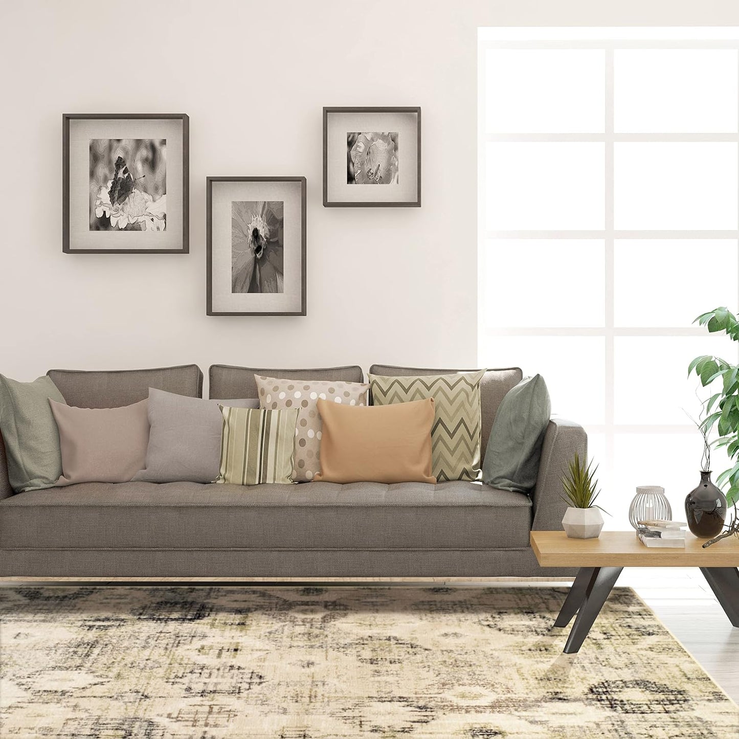 Arabella Heavily Distressed Retro Geometric Area Rug or Runner - Beige