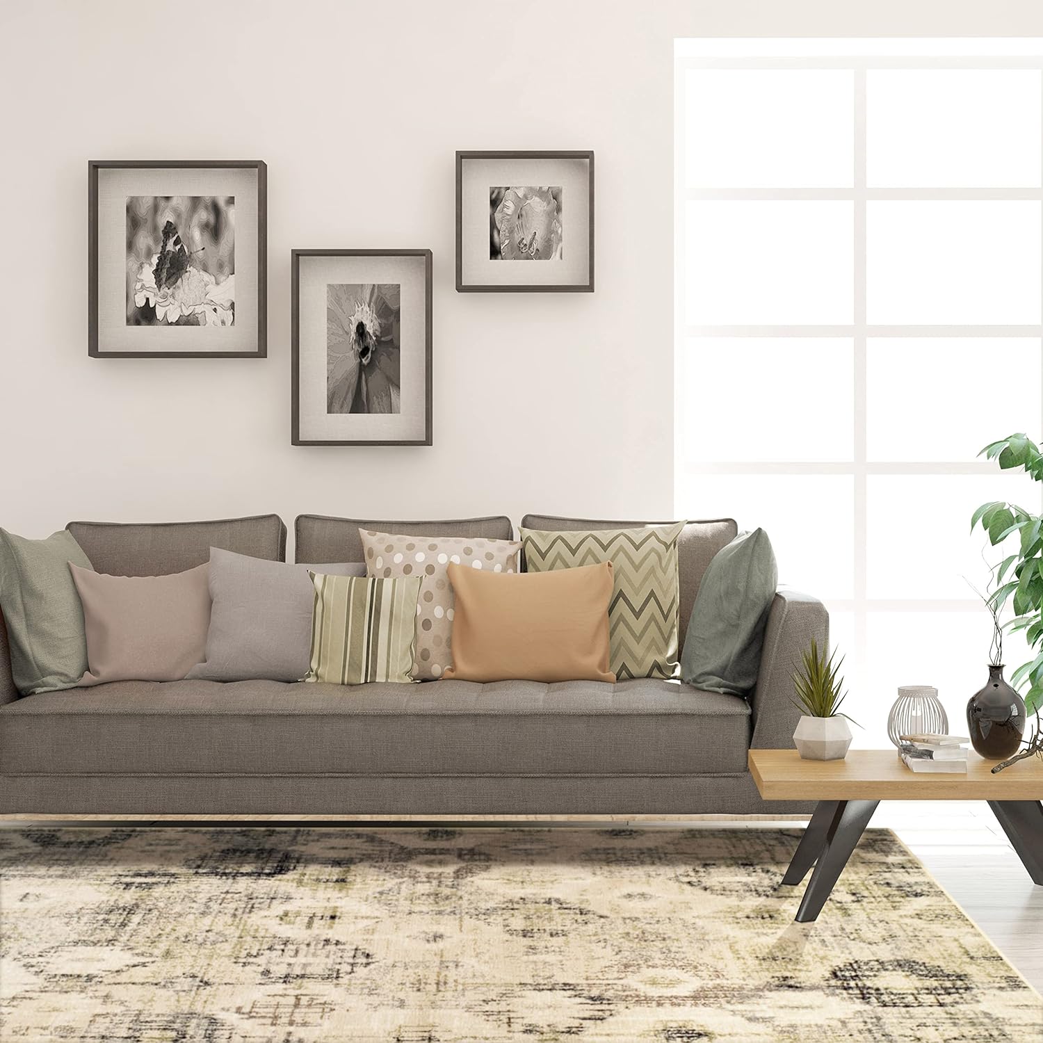 Arabella Heavily Distressed Retro Geometric Area Rug or Runner - Beige