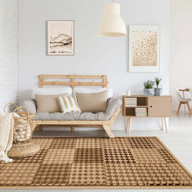 Abstract Checkered Geometric Border Indoor Area Rug or Runner - Beige