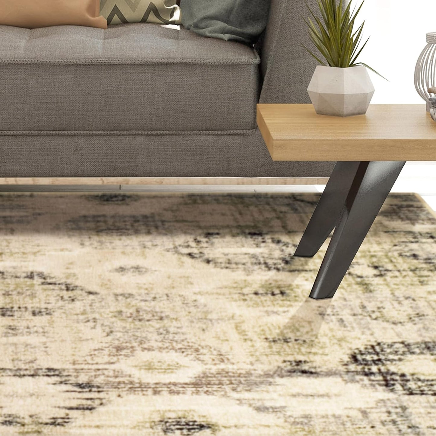 Arabella Heavily Distressed Retro Geometric Area Rug or Runner - Beige