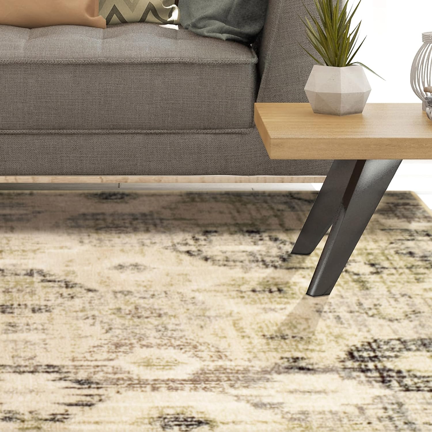 Arabella Heavily Distressed Retro Geometric Area Rug or Runner - Beige