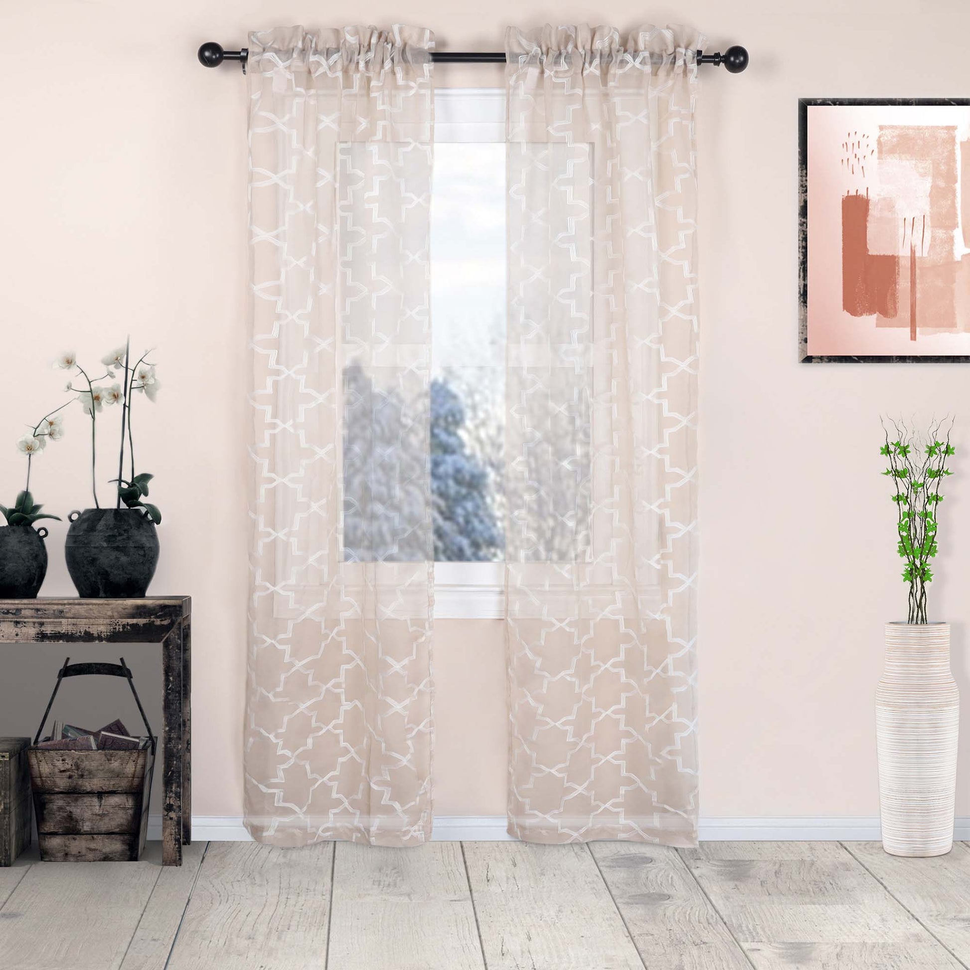 Embroidered Quatrefoil Semi Sheer 2 Piece Curtain Panel Set - Beige