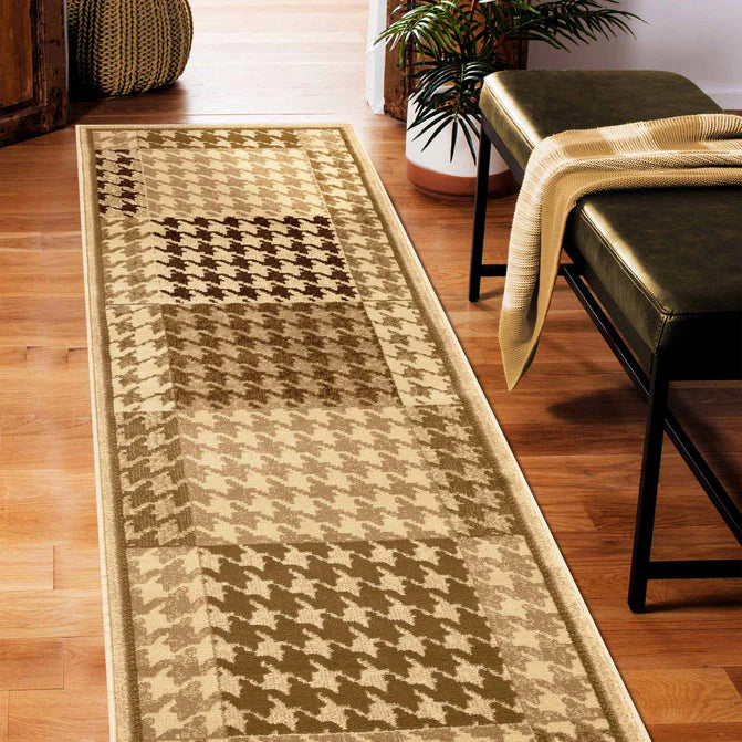 Abstract Checkered Geometric Border Indoor Area Rug or Runner - Beige