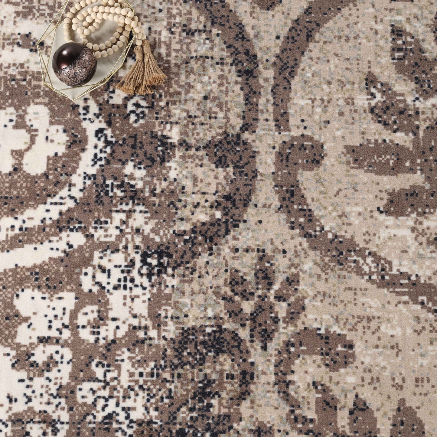 Bristol Distressed Abstract Damask Indoor Area Rug or Runner Rug - Beige-Brown