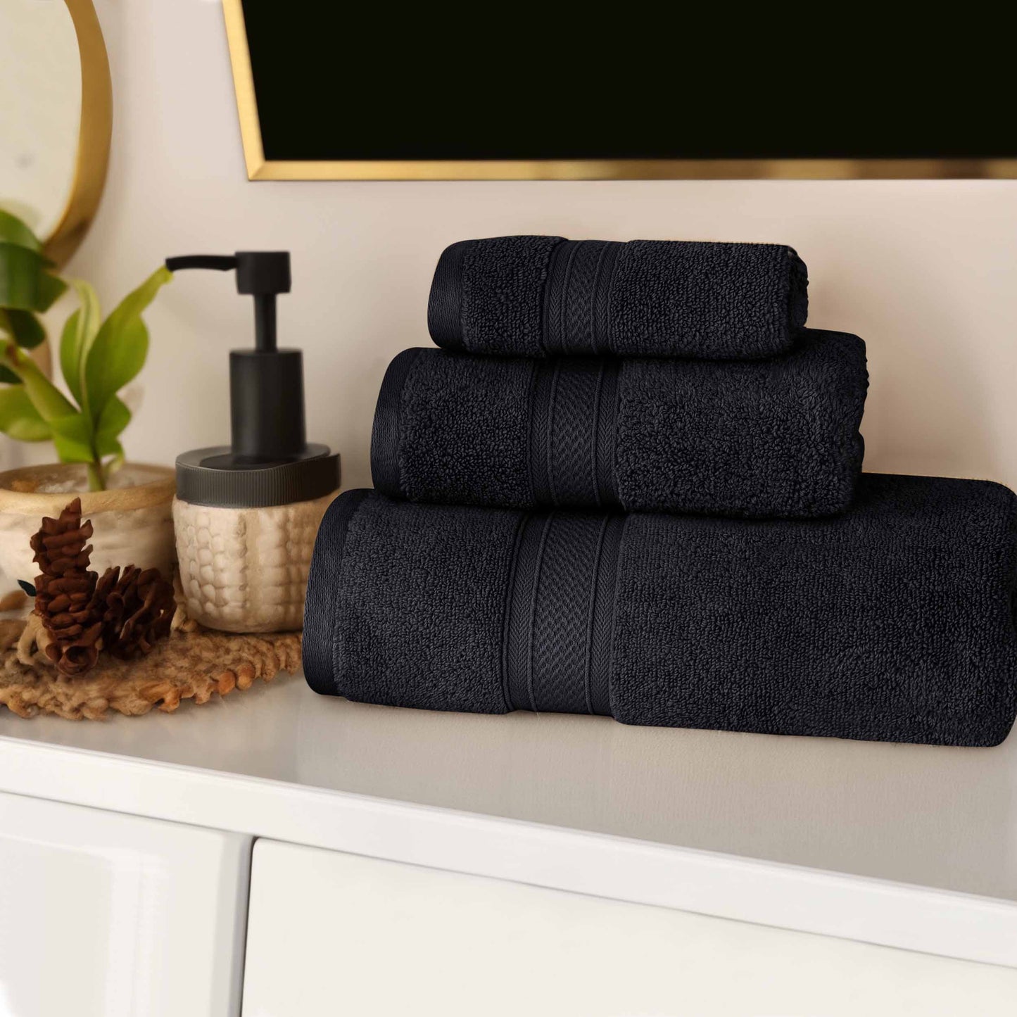 Chevron Zero Twist Solid Soft Absorbent Cotton 3 Piece Towel Set - Black