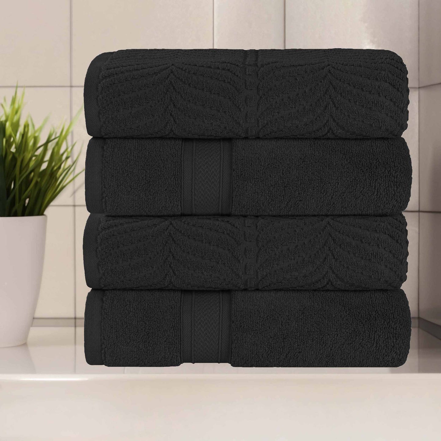 Chevron Zero Twist Solid and Jacquard Soft Cotton Hand Towel Set of 6 - Black