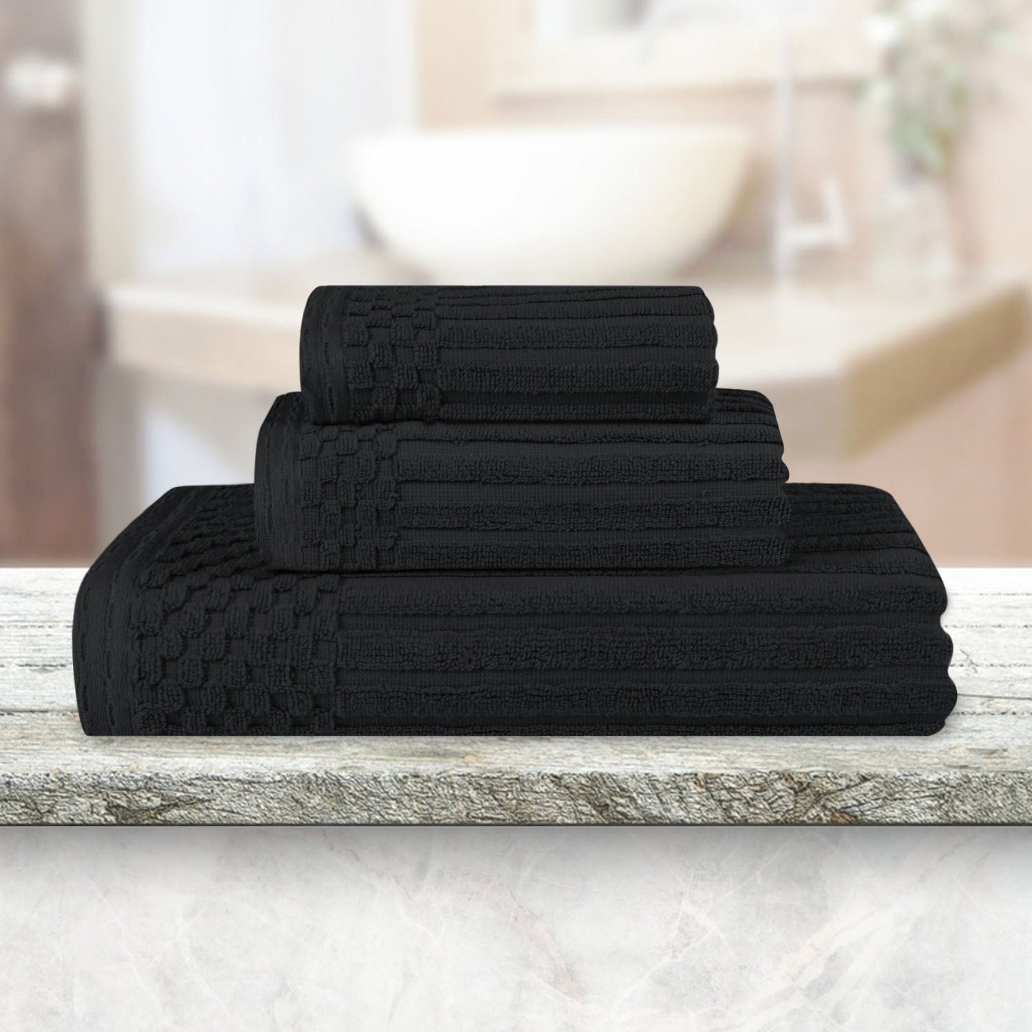 Soho Ribbed Cotton Absorbent 3 Piece Assorted Towel Set - Black